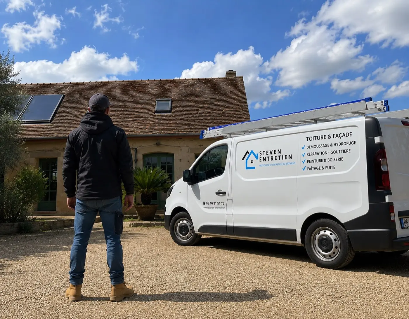 Technicien Steven Entretien évaluant la toiture d'une maison, camion floqué garé devant