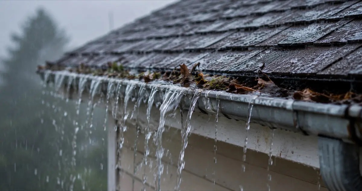 Gouttière obstruée par des débris et de la mousse arrachée du toit