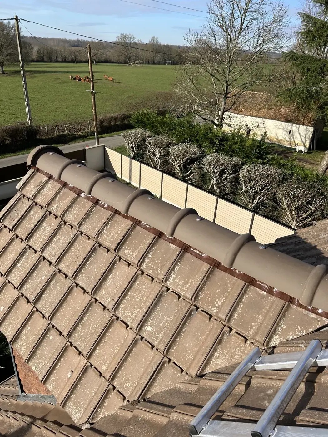 Faîtage de toiture en tuile, vue rapprochée depuis une échelle