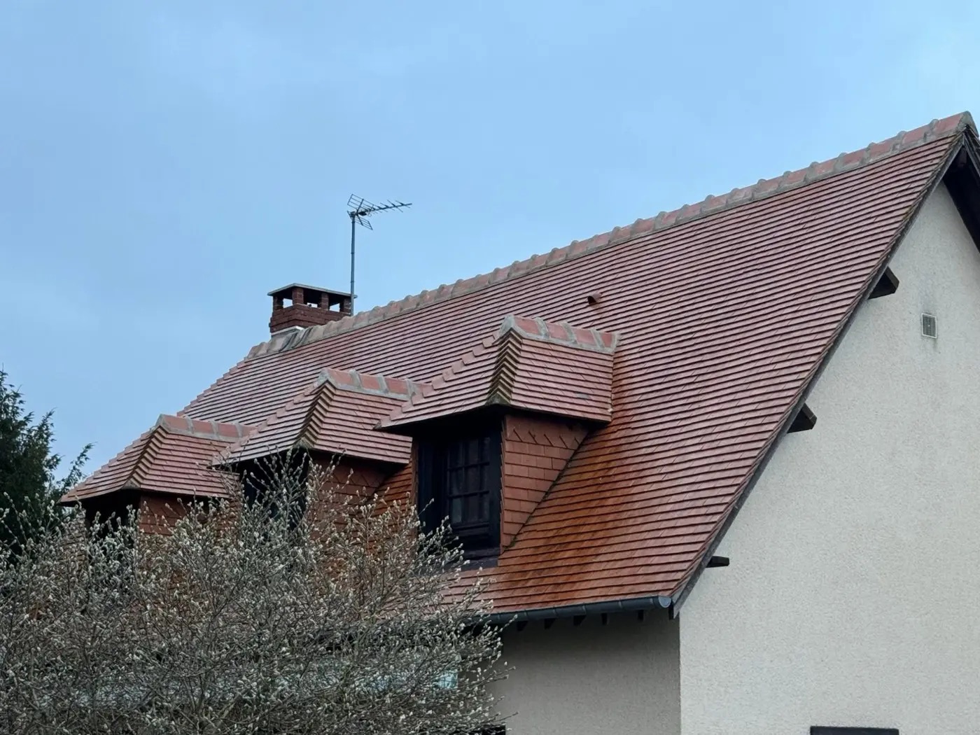 Toiture en tuile rénovée avec cheminée et lucarnes, vue d'ensemble